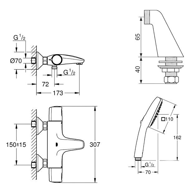 GROHE - Pack mitigeur bain douche thermostatique Precision Trend + douchette carré  2 jets + flexible - large