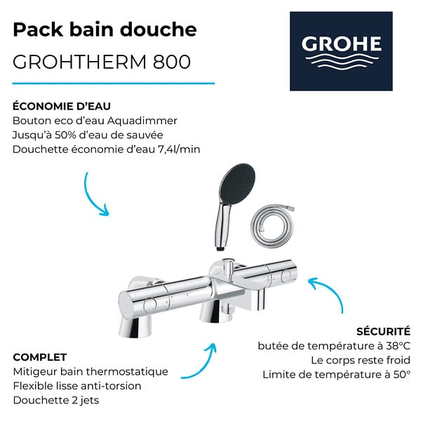 GROHE - Pack mitigeur bain douche thermostatique Grohtherm 800 cosmopolitan + douchette ronde  2 jets + flexible - large