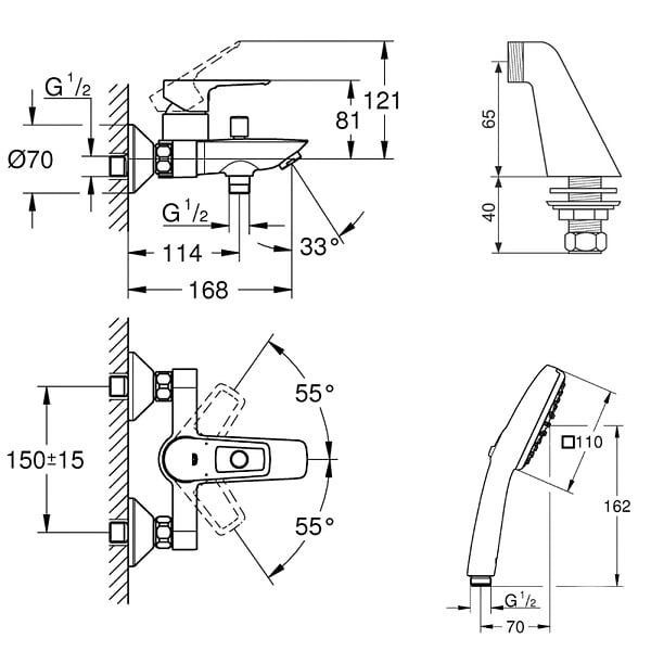 GROHE - Pack mitigeur bain douche mécanique Start Loop + douchette carré  2 jets + flexible - large