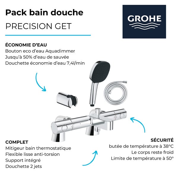 GROHE - Pack mitigeur bain douche thermostatique Precision Get + douchette carré  2 jets + flexible + support - large