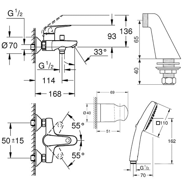 GROHE - Pack mitigeur bain douche mécanique Swift + douchette carré  2 jets + flexible + support - large
