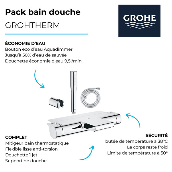 GROHE - Pack mitigeur bain thermostatique Grohtherm 2000 + Douchette 1 jet Vitalio Get Stick + Flexible et support de douche - large