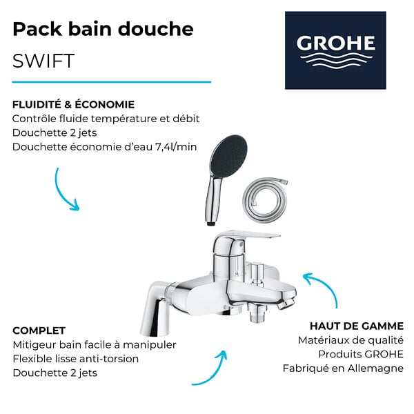 GROHE - Pack mitigeur bain douche mécanique Swift + douchette ronde  2 jets + flexible - large