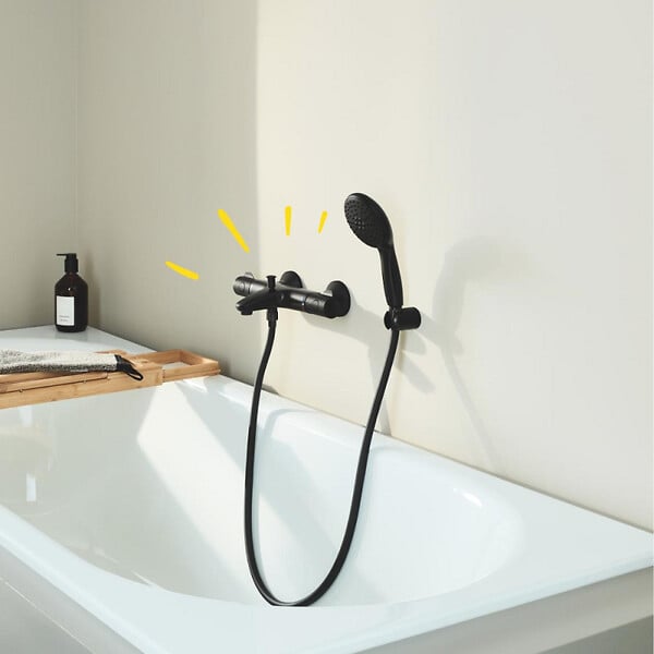 GROHE - Pack mitigeur thermostatique bain douche Precision Start noir mat + Douchette 2 jets Vitalio Start 110 + flexible + support - large