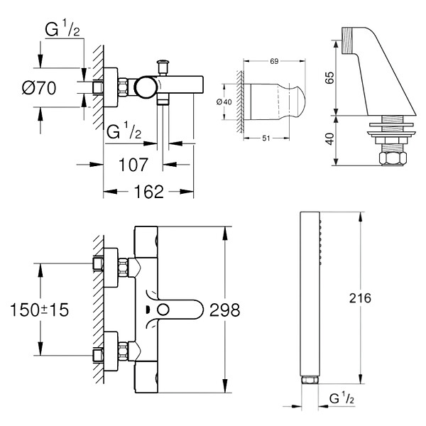 GROHE - Pack mitigeur thermostatique Get avec colonnettes + Douchette 1 jet Vitalio Get Stick + Flexible 1750 mm et support - large