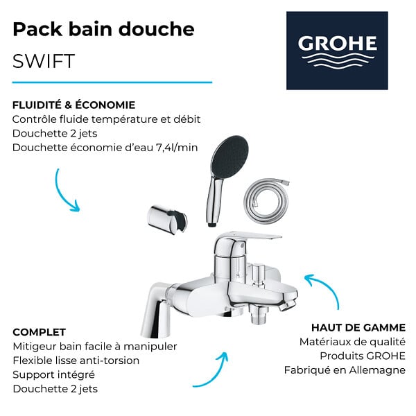 GROHE - Pack mitigeur bain douche mécanique Swift + douchette ronde  2 jets + flexible + support - large