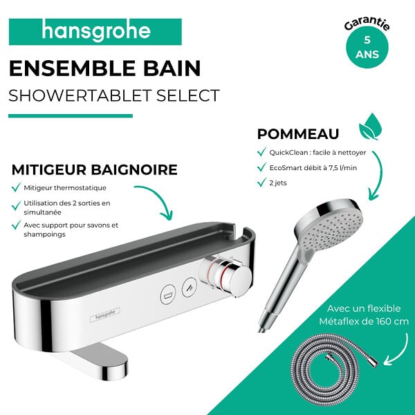 HANSGROHE - Pack mitigeur bain douche thermostatique ShowerTablet Select + Flexible Metaflex + Pommeau de douche Vernis Blend Chromé - large