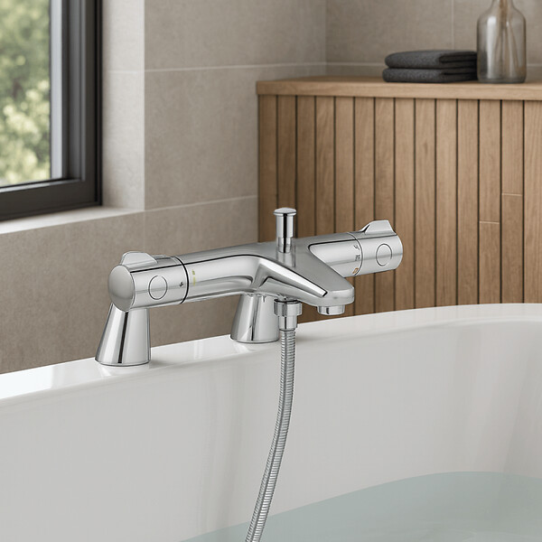 GROHE - Pack mitigeur thermostatique BD Grohtherm 800 avec colonnettes + Douchette 1 jet Vitalio Get Stick + Flexible 1750 mm et support - large