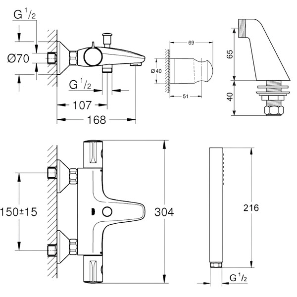 GROHE - Pack mitigeur thermostatique BD Grohtherm 800 avec colonnettes + Douchette 1 jet Vitalio Get Stick + Flexible 1750 mm et support - large