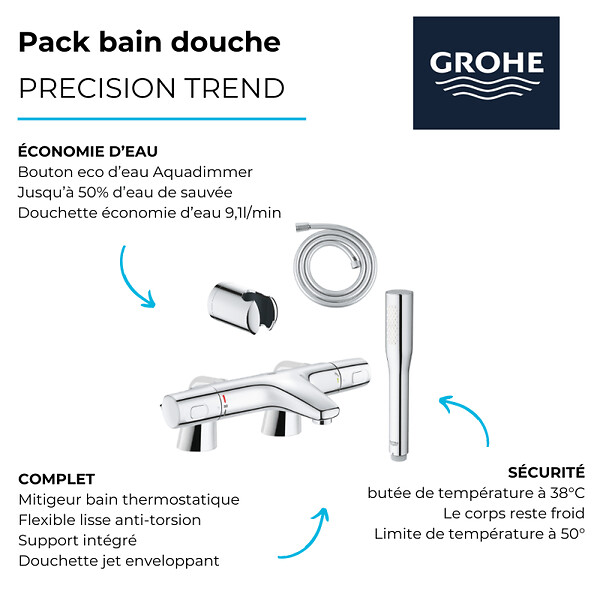 GROHE - Pack mitigeur thermostatique Trend avec colonnettes + Douchette 1 jet Vitalio Get Stick + Flexible 1750 mm et support - large