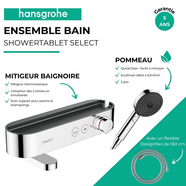 HANSGROHE - Pack mitigeur bain douche thermostatique ShowerTablet Select + Flexible Designflex + Pommeau de douche Pulsify Select 3 jets Chromé - large