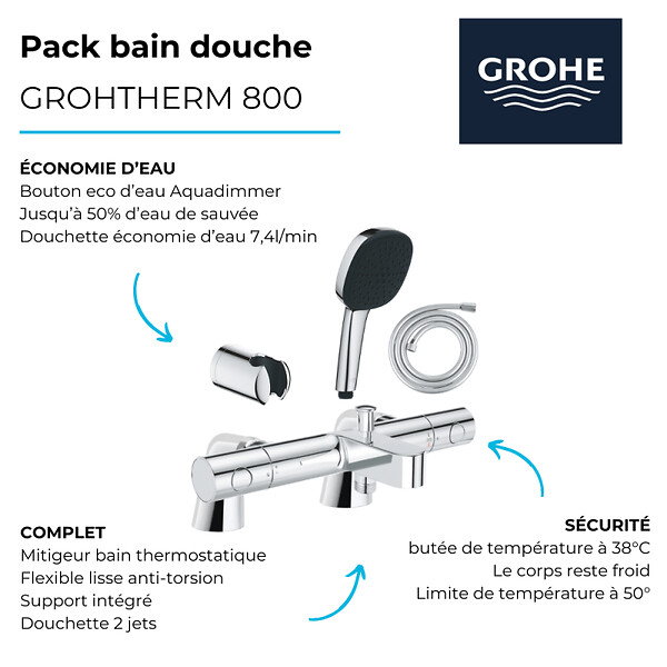 GROHE - Pack mitigeur bain douche thermostatique Grohtherm 800 cosmopolitan + douchette carré  2 jets + flexible + support - large