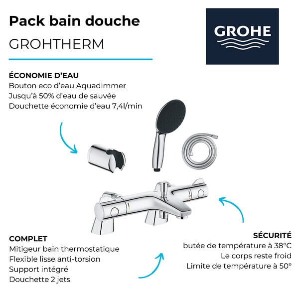GROHE - Pack mitigeur bain douche thermostatique Grohtherm 800 + douchette ronde  2 jets + flexible + support - large