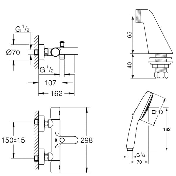 GROHE - Pack mitigeur bain douche thermostatique Grohtherm 800 cosmopolitan + douchette carré  2 jets + flexible - large