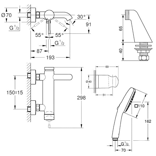 GROHE - Pack mitigeur bain douche mécanique Essence + douchette carré  2 jets + flexible + support - large