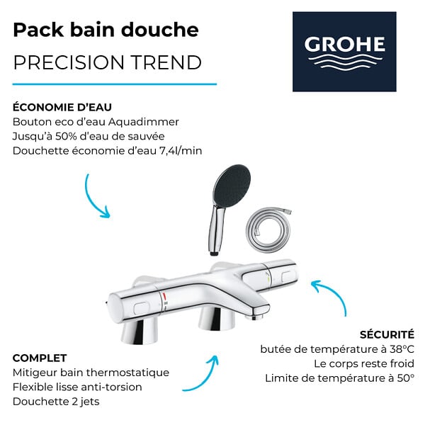 GROHE - Pack mitigeur bain douche thermostatique Precision Trend + douchette ronde 2 jets + flexible - large