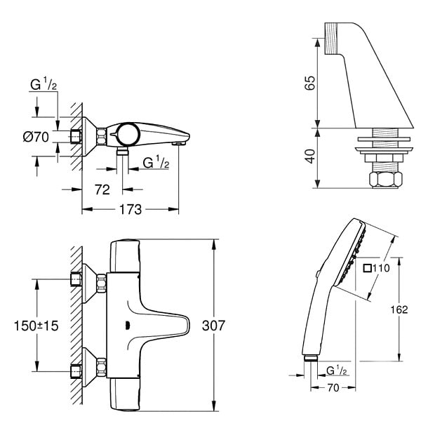 GROHE - Pack mitigeur bain douche thermostatique Precision Trend + douchette ronde 2 jets + flexible - large