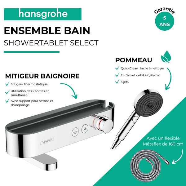 HANSGROHE - Pack mitigeur bain douche thermostatique ShowerTablet Select + Flexible Metaflex + Pommeau de douche Pulsify Select 3 jets Chromé - large