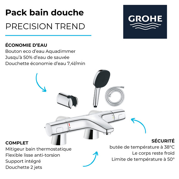 GROHE - Pack mitigeur bain douche thermostatique Precision Trend + douchette carré  2 jets + flexible + support - large