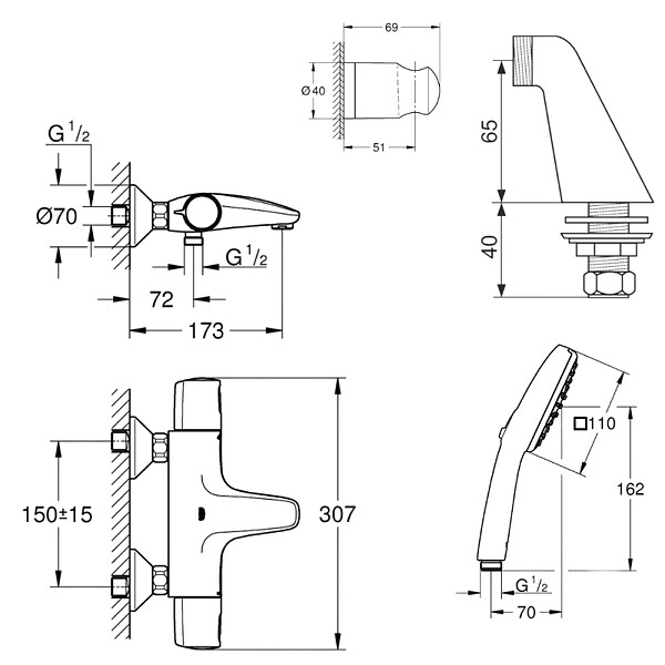 GROHE - Pack mitigeur bain douche thermostatique Precision Trend + douchette carré  2 jets + flexible + support - large