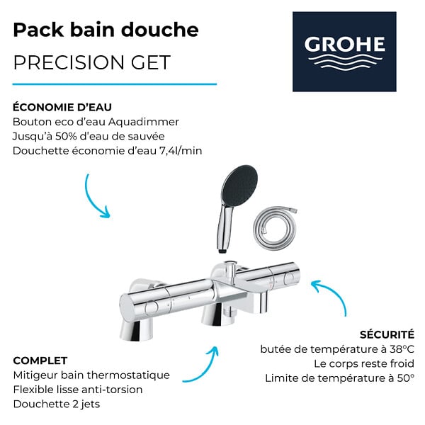 GROHE - Pack mitigeur bain douche thermostatique Precision Get + douchette ronde  2 jets + flexible - large