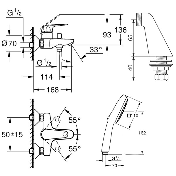 GROHE - Pack mitigeur bain douche mécanique Swift + douchette carré  2 jets + flexible - large