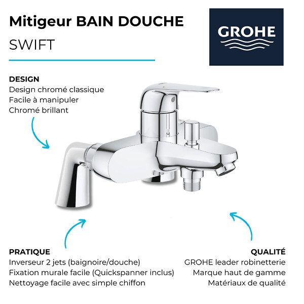 GROHE - Pack mitigeur mécanique Swift avec colonnettes + Douchette 1 jet Vitalio Get Stick + Flexible 1750 mm et support - large