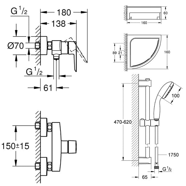 GROHE - Mitigeur douche mécanique start Black + Ensemble de douche 2 jets avec barre Noir + Tablette d'angle - large