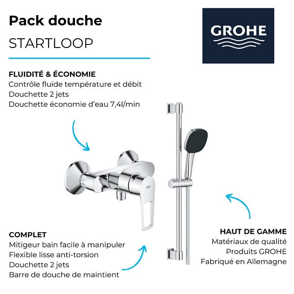 GROHE - Pack mitigeur douche mécanique StartLoop + Ensemble de douche 2 jets avec barre Chromé - large