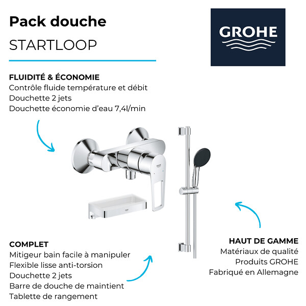GROHE - Pack mitigeur douche mécanique StartLoop + Ensemble de douche Start 2 jets avec barre + Panier douche - large
