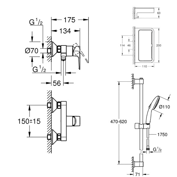 GROHE - Pack mitigeur douche mécanique StartLoop + Ensemble de douche Start 2 jets avec barre + Panier douche - large