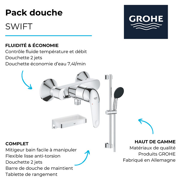 GROHE - Mitigeur douche mécanique Swift 2023 + Ensemble de douche 2 jets avec barre + Panier douche - large