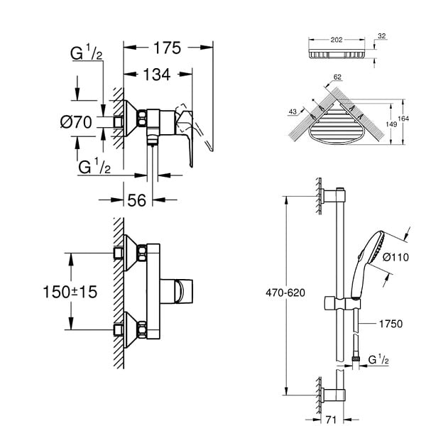 GROHE - Pack mitigeur douche mécanique StartLoop + Ensemble  de douche 2 jets avec barre + Panier porte-savon - large