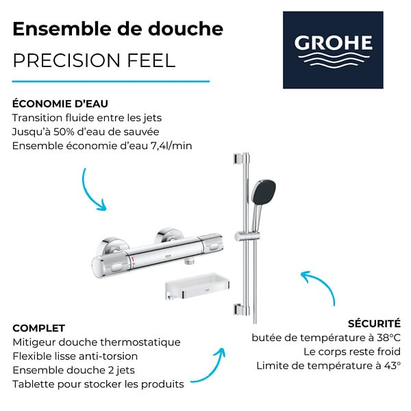 GROHE - Mitigeur douche thermostatique Precision Feel + Ensemble de douche 2 jets avec barre + Panier douche - large
