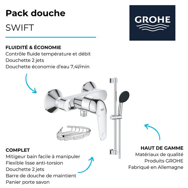 GROHE - Mitigeur douche mécanique Swift 2023 + Ensemble de douche 2 jets avec barre + Panier porte-savon - large