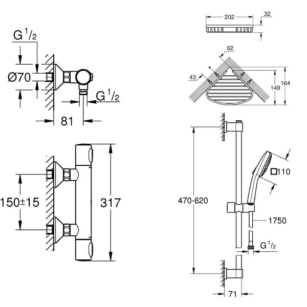 GROHE - Mitigeur douche thermostatique Precision Flow + Ensemble de douche 2 jets avec barre + Porte-savon - large