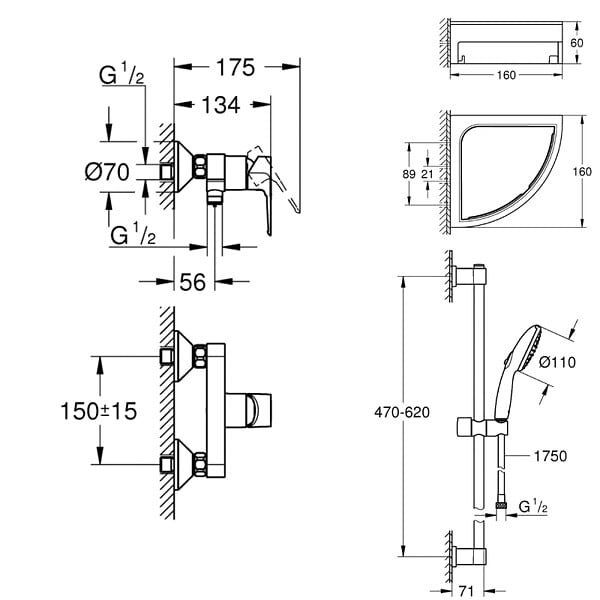 GROHE - Pack mitigeur douche mécanique StartLoop + Ensemble de douche 2 jets avec barre + Tablette de douche d'angle - large
