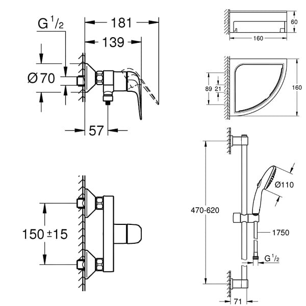 GROHE - Pack douche mécanique Swift 2023 avec ensemble de douche Vitalio Comfort 110 et tablette en angle - large