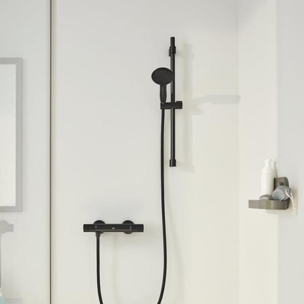 GROHE - Mitigeur douche thermostatique Precision Start + Ensemble de douche avec barre 2 jets + Tablette de douche d'angle - large