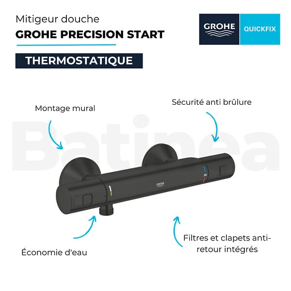 GROHE - Mitigeur douche thermostatique Precision Start + Ensemble de douche avec barre 2 jets + Tablette de douche d'angle - large