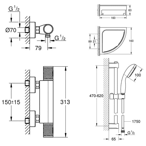 GROHE - Mitigeur douche thermostatique Precision Start + Ensemble de douche avec barre 2 jets + Tablette de douche d'angle - large