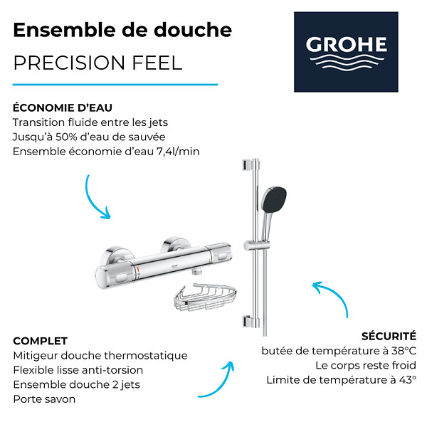 GROHE - Mitigeur douche thermostatique Precision Feel + Ensemble de douche 2 jets avec barre + Panier porte-savon - large