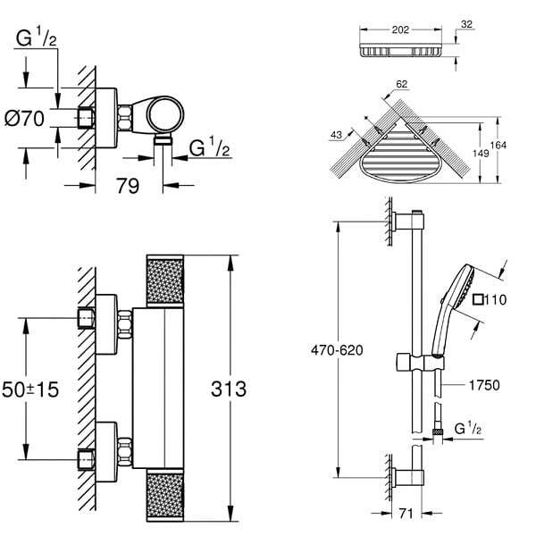 GROHE - Mitigeur douche thermostatique Precision Feel + Ensemble de douche 2 jets avec barre + Panier porte-savon - large