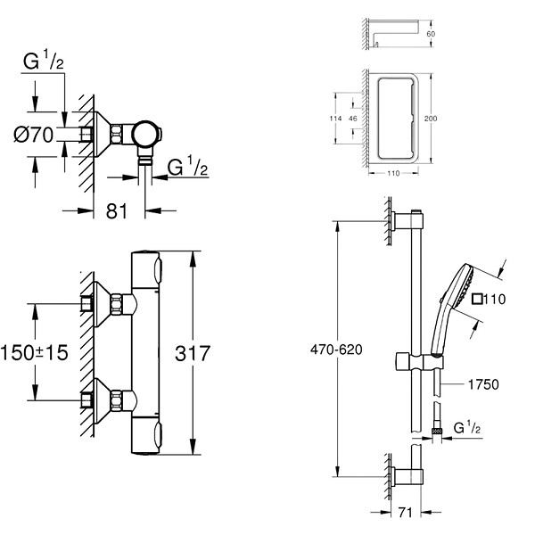 GROHE - Mitigeur douche thermostatique Precision Flow + Ensemble de douche Start 2 jets avec barre + Panier douche - large