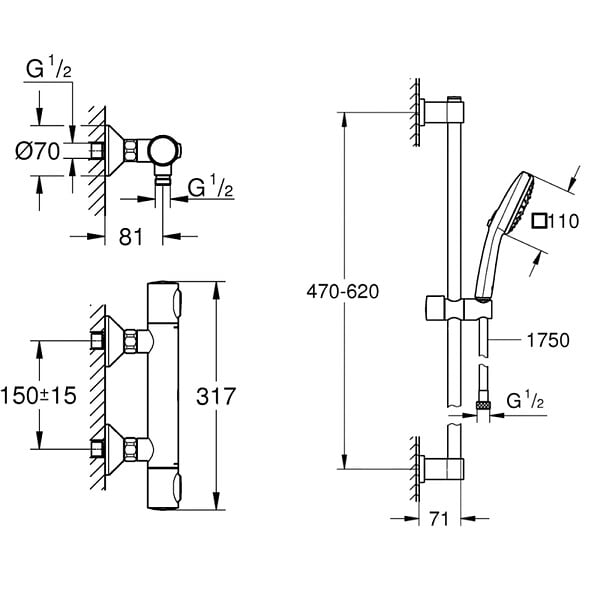 GROHE - Mitigeur douche thermostatique Precision Flow + Ensemble de douche 2 jets avec barre - large