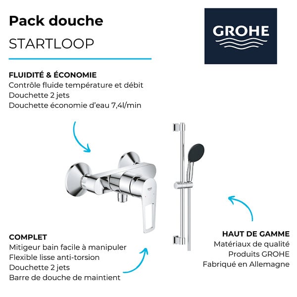 GROHE - Pack mitigeur douche mécanique StartLoop + Ensemble de douche Start 2 jets avec barre Chromé - large