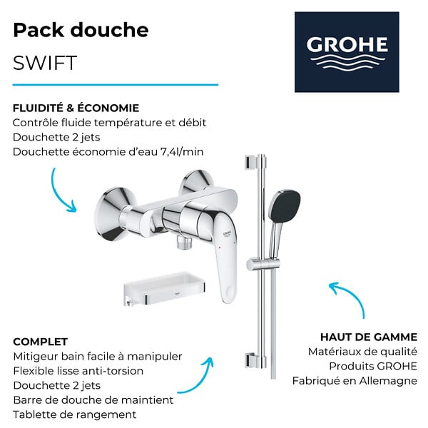 GROHE - Pack douche mécanique Swift 2023 avec ensemble de douhe Vitalio Comfort 110 et tablette - large