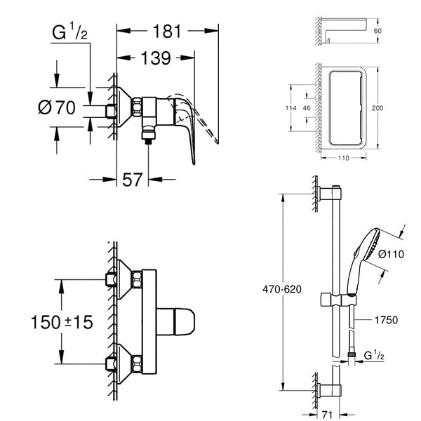 GROHE - Pack douche mécanique Swift 2023 avec ensemble de douhe Vitalio Comfort 110 et tablette - large