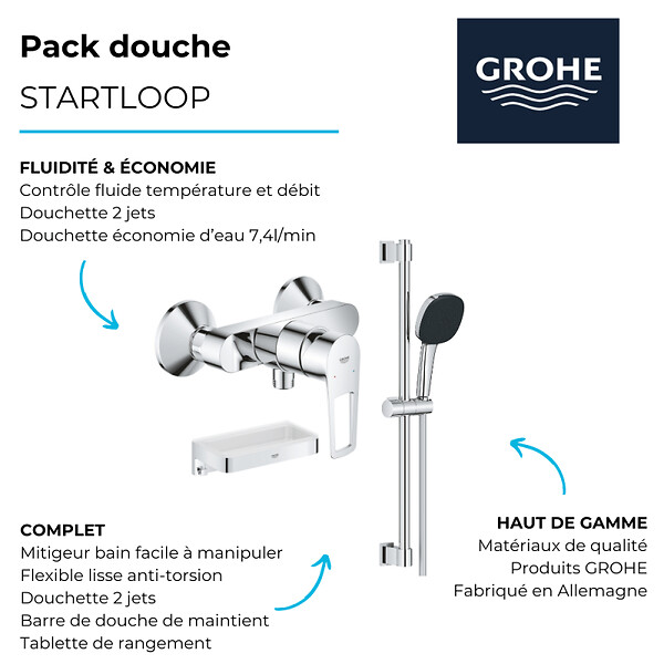 GROHE - Pack mitigeur douche mécanique StartLoop + Ensemble de douche 2 jets avec barre + Panier douche - large