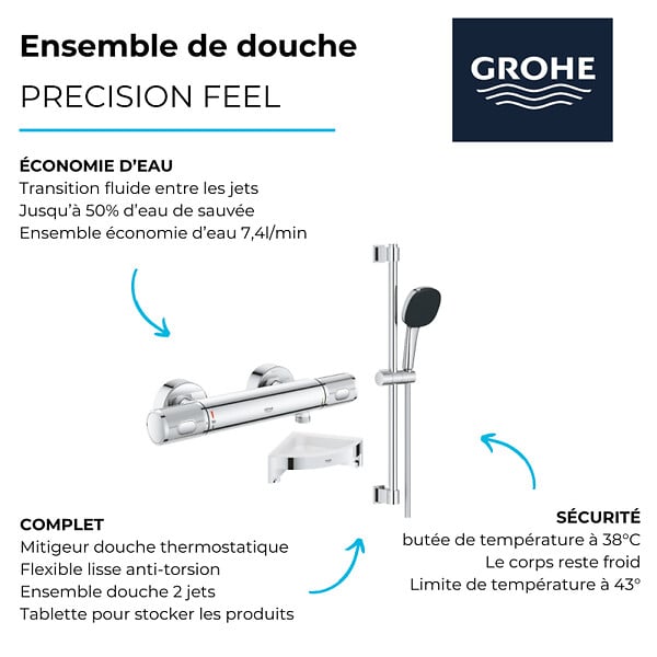 GROHE - Mitigeur douche thermostatique Precision Feel + Ensemble de douche 2 jets avec barre + Tablette d'angle - large